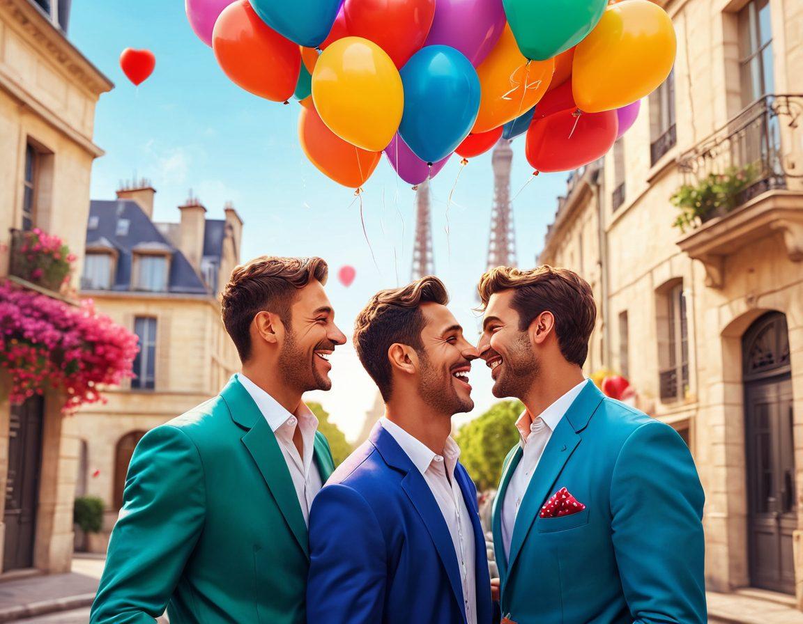 A vibrant and colorful illustration of two men laughing and sharing a romantic moment in a picturesque French street, with the Eiffel Tower in the background and heart-shaped balloons floating around them. The image should exude warmth, connection, and affection, showcasing the diversity of love and relationships. Bright and cheerful atmosphere, perfect for a blog about love and connections. 3D, vibrant colors.