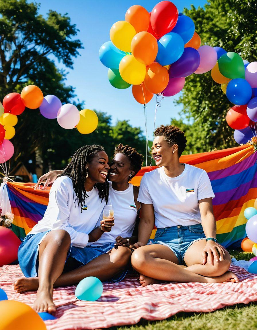 A vibrant celebration in an LGBTQ+ community space, showcasing diverse individuals laughing and connecting, surrounded by colorful rainbow decorations and warm ambient lighting. Include elements like picnic blankets, balloons, and flowers, capturing the essence of love and friendship. The background should feature an inclusive park setting under a bright blue sky. super-realistic. vibrant colors.