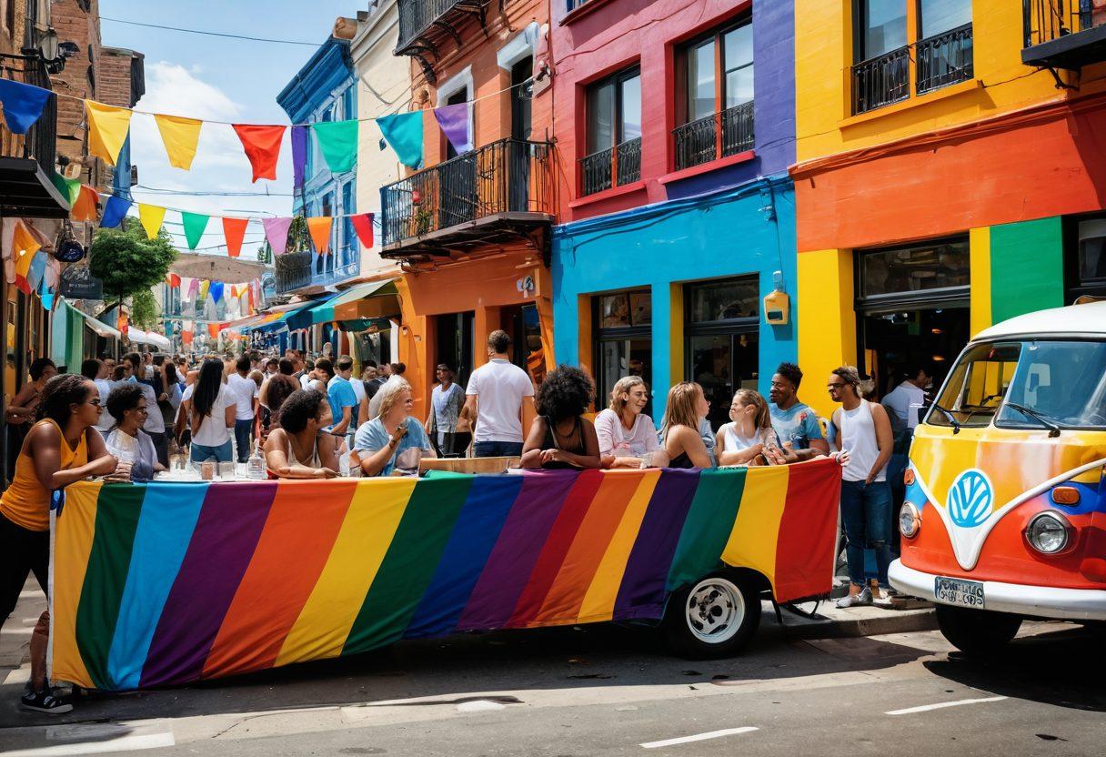 A lively street scene in a vibrant Francogay community, showcasing diverse couples interacting, with colorful pride flags and street art in the background. Include elements like a cafe with outdoor seating, a small group of friends laughing, and a rainbow-colored bus stop. The atmosphere should be warm and welcoming, emphasizing inclusivity and joy in socializing. super-realistic. vibrant colors. urban setting.